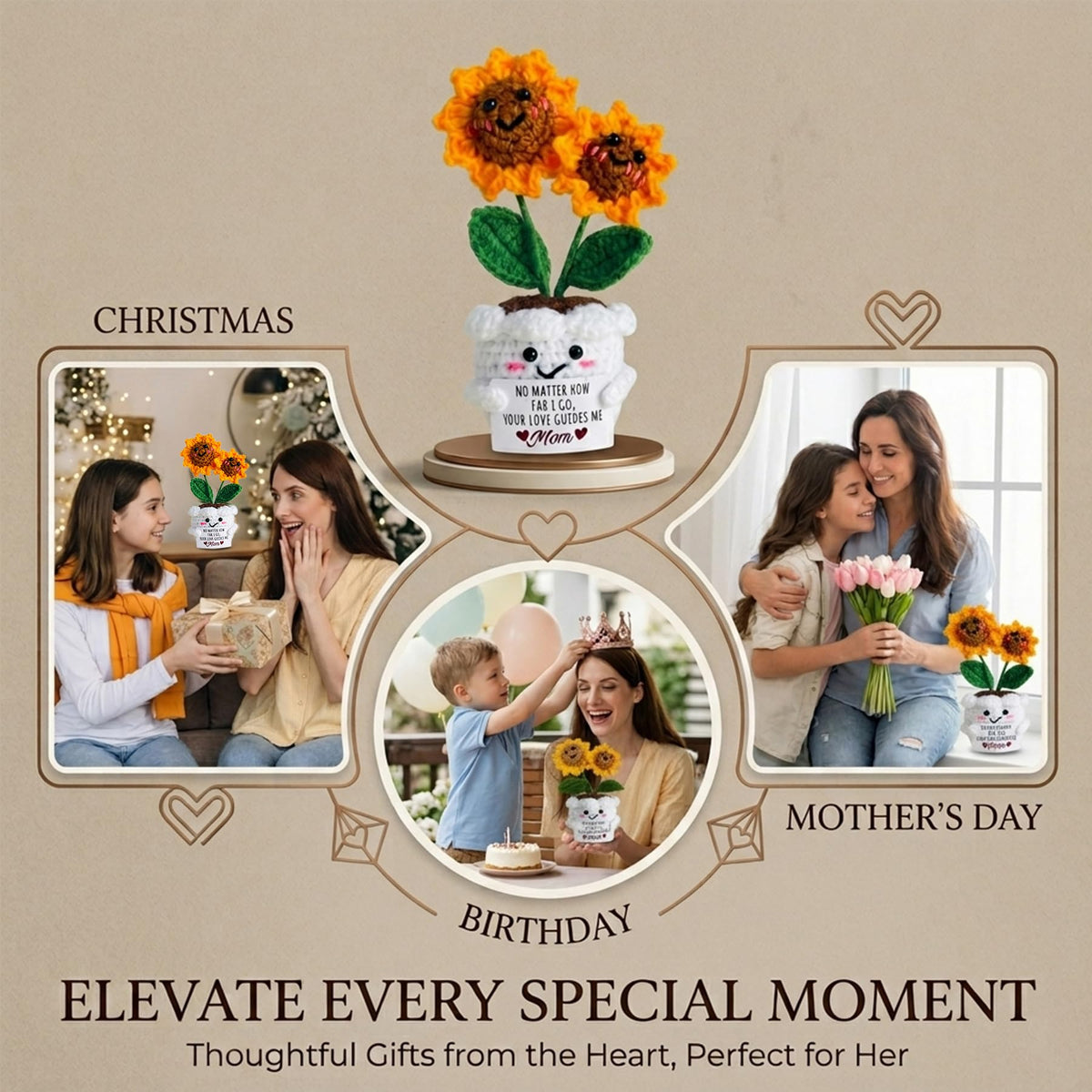Seasons Stars SSDecor Gifts for Mom-Handmade Eternal Lovable Crochet Sunflower in Cute Pot with Emotional Message Card Ideas, Mom Birthday Gifts from Daughter, Ideas, Mama Gift