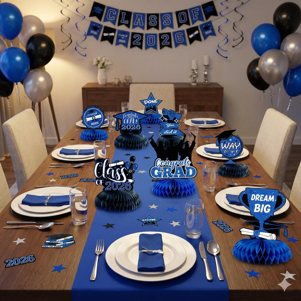 9 Pcs Graduation Honeycomb Centerpieces 2026 - Royal Blue and Black Class of 2026 Graduation Party Decorations for Tables, Blue Congrats Grad Table Toppers, 2026 Grad Supplies for College High School