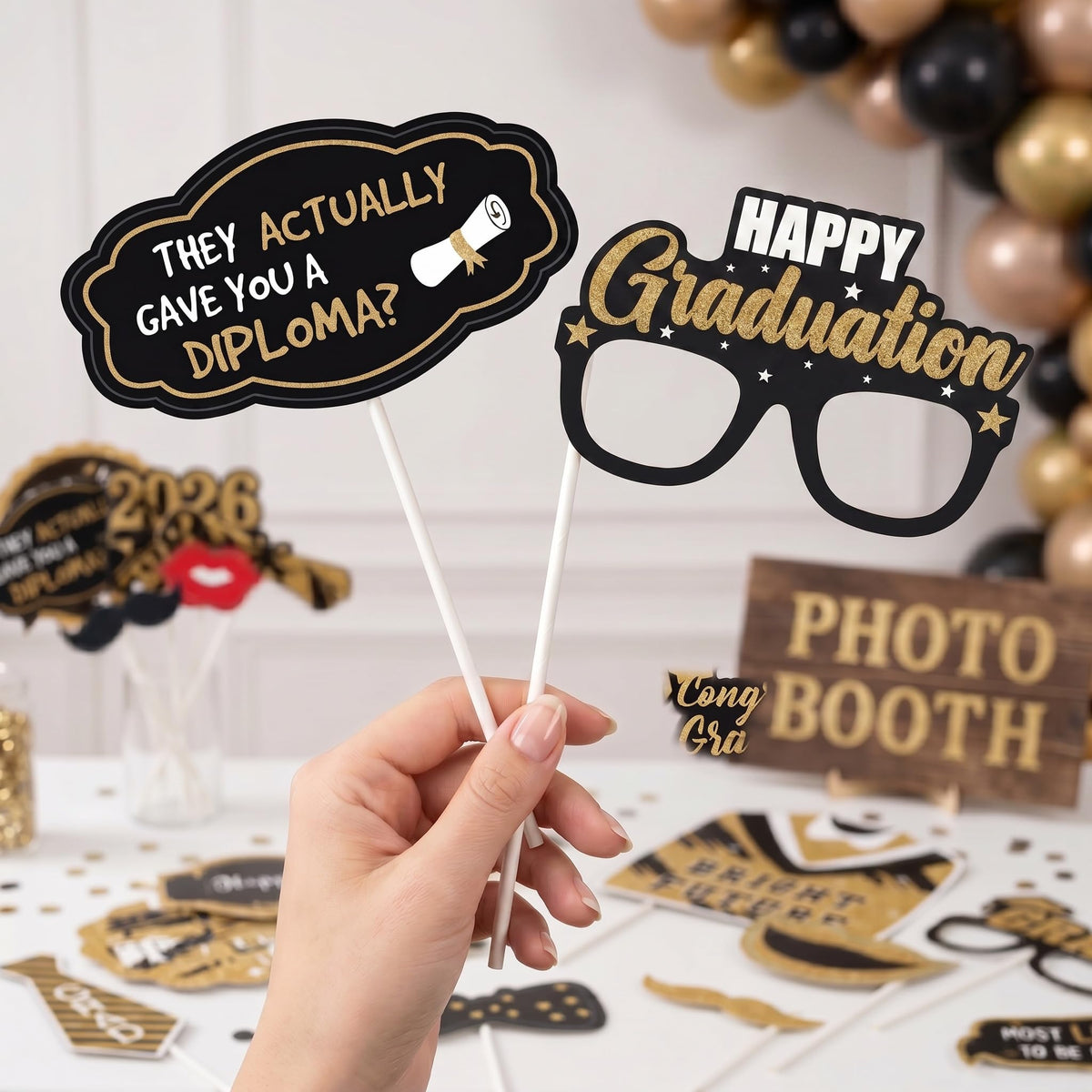 Graduation Photo Booth Props, Black and Gold Graduation Decorations for Graduate Party Supplies, Class of 2026 Large Grad Party Pose Sign-35Pcs