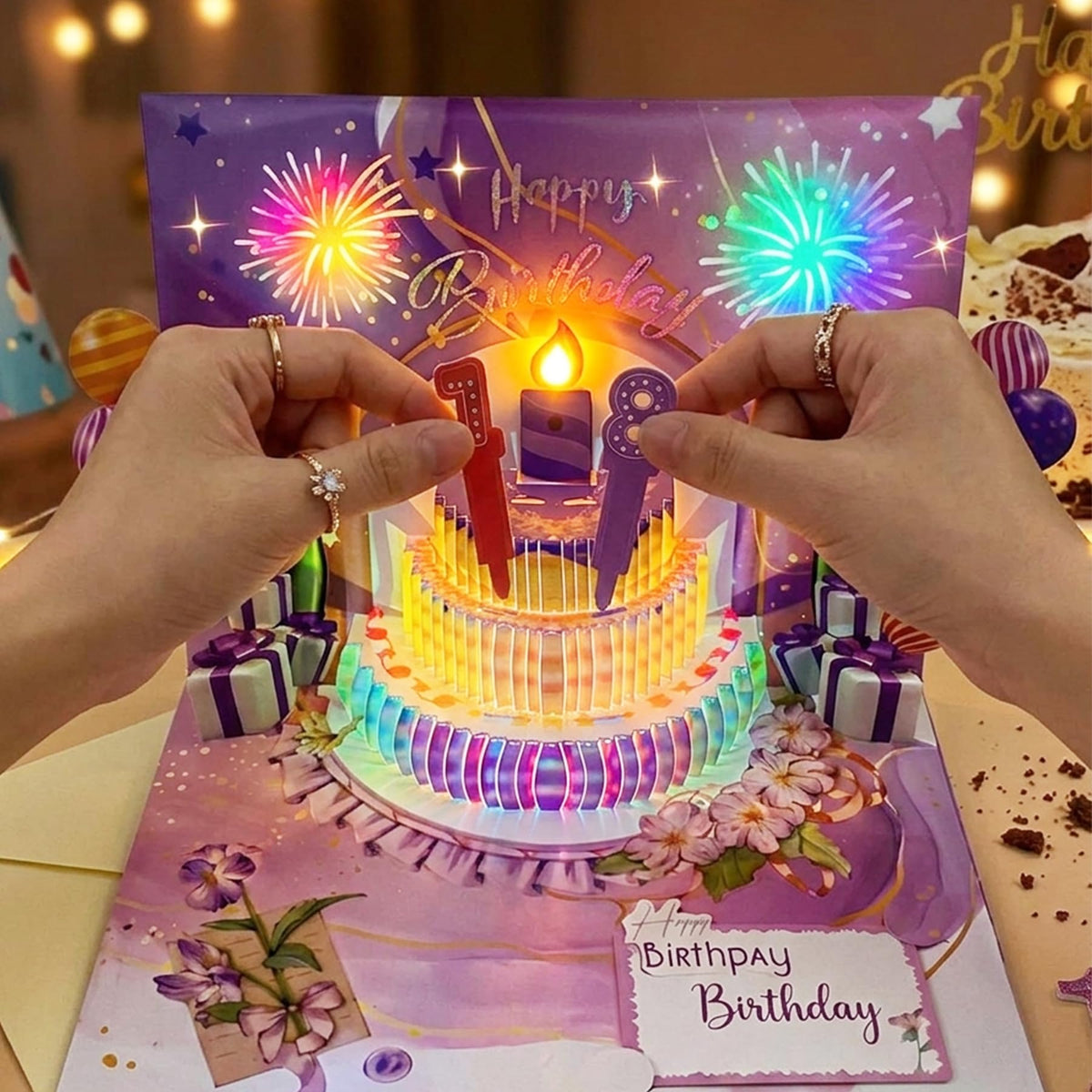 3D Pop Up Blowable Musical Happy Birthday Card with Firework Sound Lights and Envelope, Interactive Purple Musical Birthday Card, Customizable Age Numbers 0-9 for Milestone Birthday Gift for Her Him