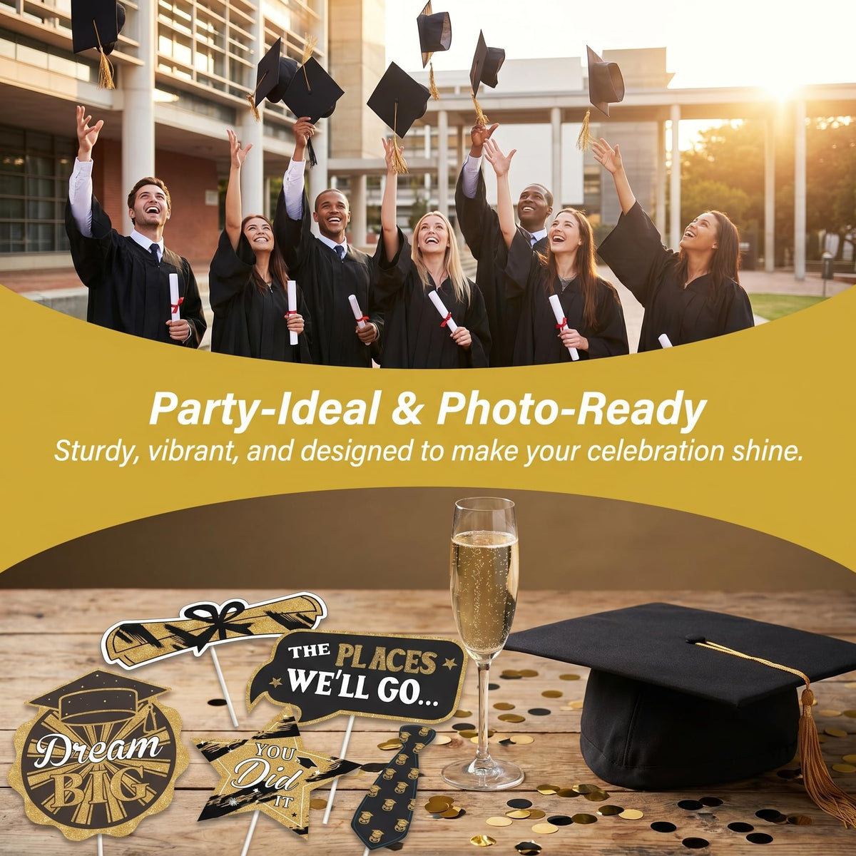 Graduation Photo Booth Props, Black and Gold Graduation Decorations for Graduate Party Supplies, Class of 2026 Large Grad Party Pose Sign-35Pcs