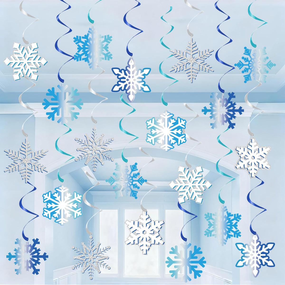 Christmas Snowflake Decorations Hanging Ceiling Swirls (30Pcs Fully-Assembled) Blue Frozen Hanging Snowflakes Winter Wonderland Decorations