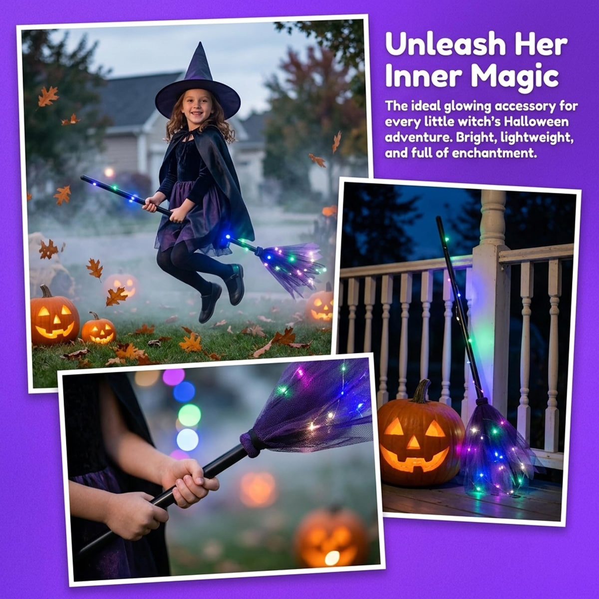 34" Kids'Light Up Witch Broom Detachable Halloween Broomstick with LED