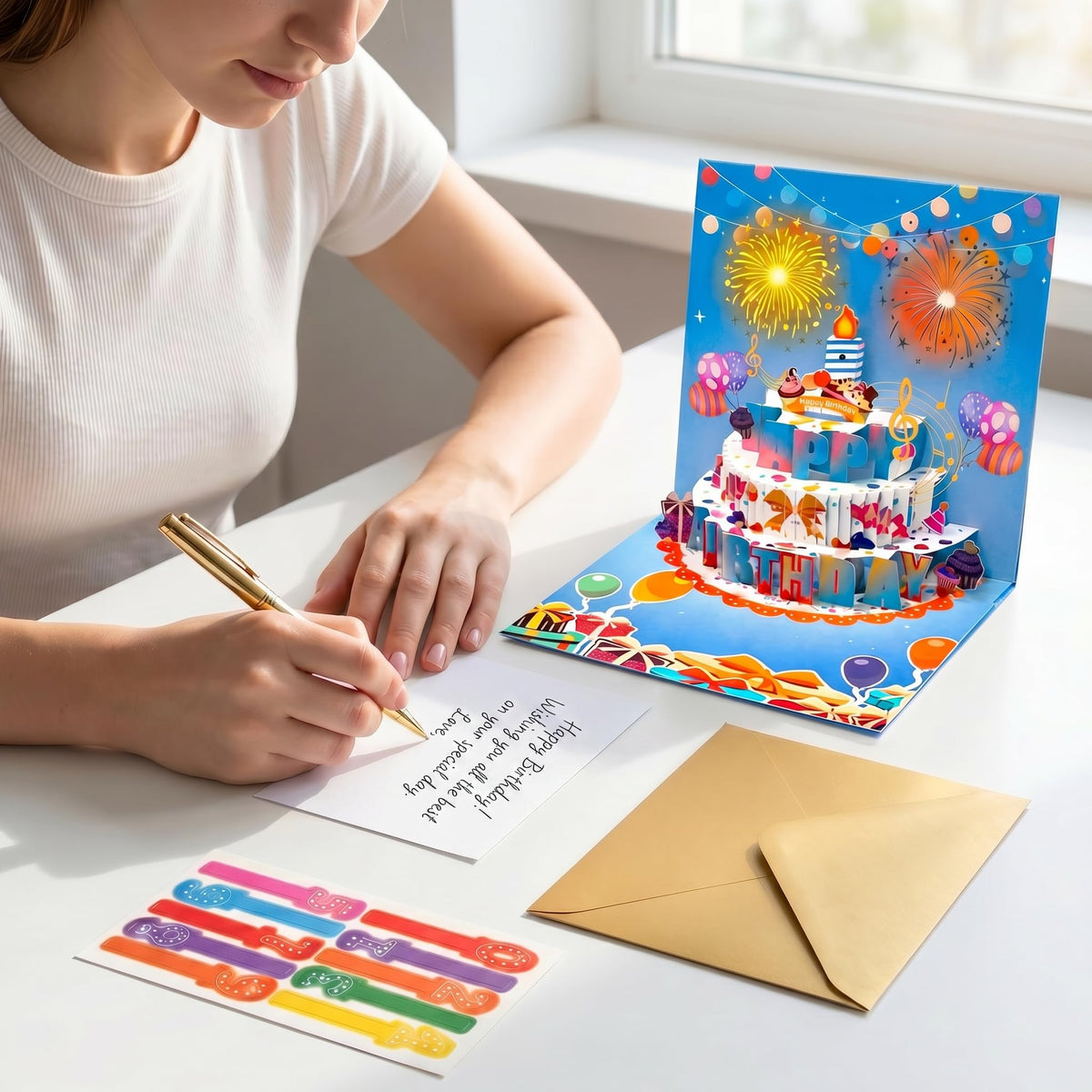 3D Pop Up Musical Birthday Card with Blow-Out Candle & Flashing LED Fireworks Lights, Interactive Light Up Happy Birthday Card with DIY 0-9 Age Numbers & Envelope, 7x7 Inch Large Greeting Card