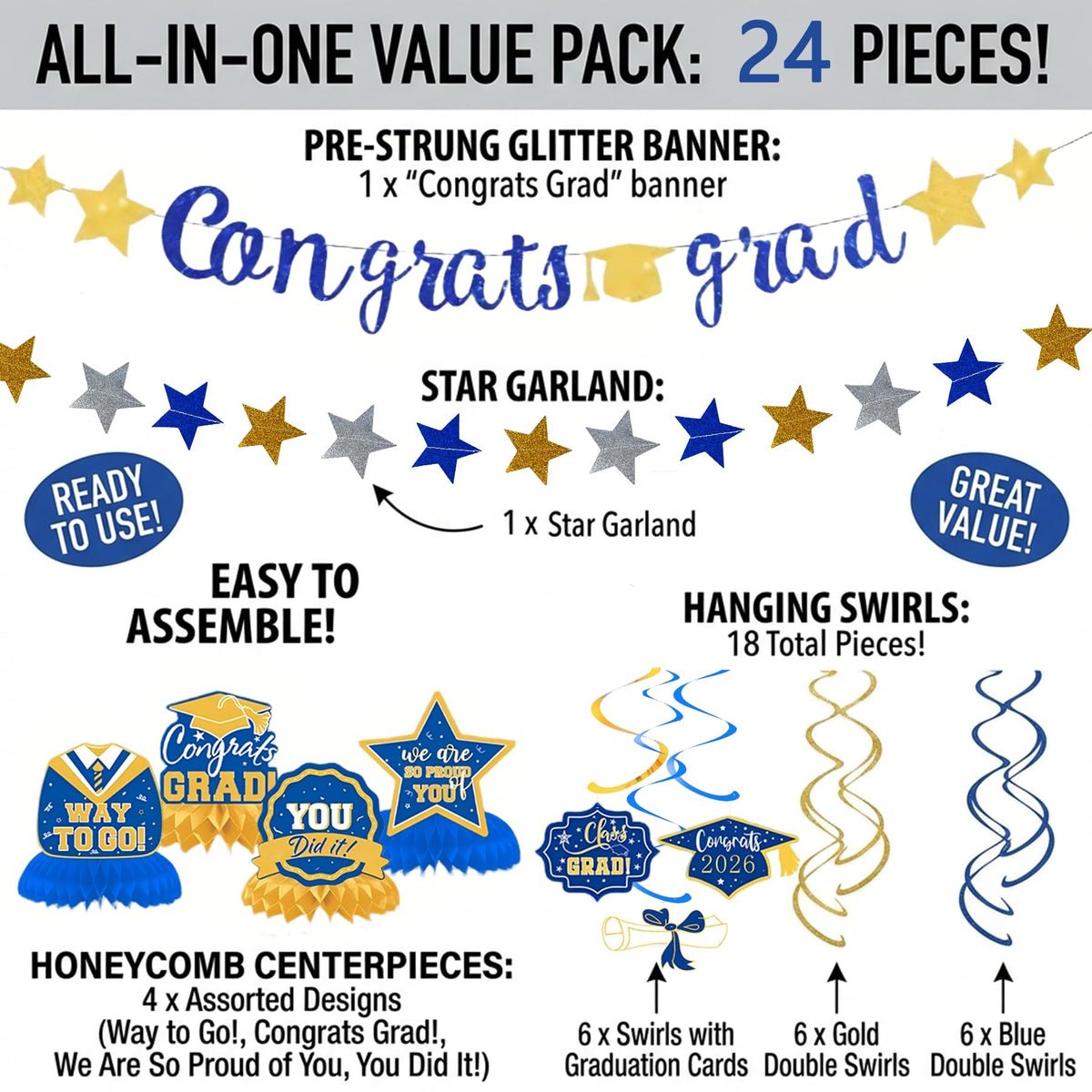 Graduation Party Decorations 2026, Blue and Gold Glitter Congrats Grad Pre-Strung Banner & Star Garlands, 24PCS Class of 2026 Hanging Swirls & Honeycomb Centerpieces for High School/College Grad Decor