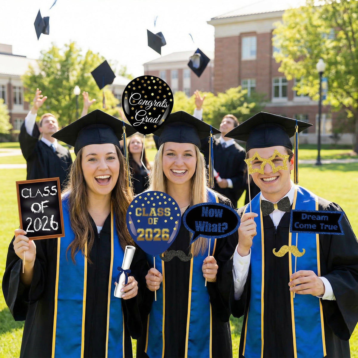 Class of 2026 Graduation Photo Booth Props Set - 35PCS Blue and Gold Graduation Party Decorations with Paper Sticks & Double-Sided Tape, Perfect for 2026 Congrat Grad Party Supplies