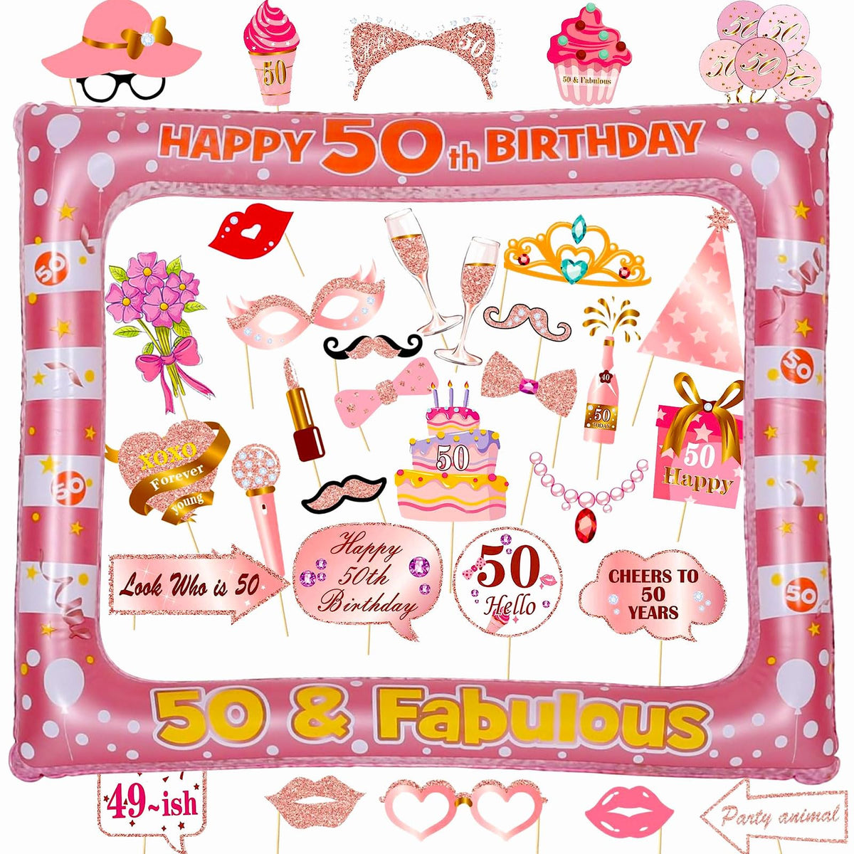 50th Birthday Inflatable Selfie Photo Frame with Photo Booth Props Set, 50 Birthday Party Selfie Props and Frame(21x27 Inches) for Pictures and Decorations Women’s 50th Birthday Party Supplies