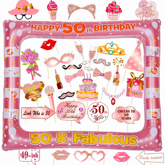 50th Birthday Inflatable Selfie Photo Frame with Photo Booth Props Set, 50 Birthday Party Selfie Props and Frame(21x27 Inches) for Pictures and Decorations Women’s 50th Birthday Party Supplies