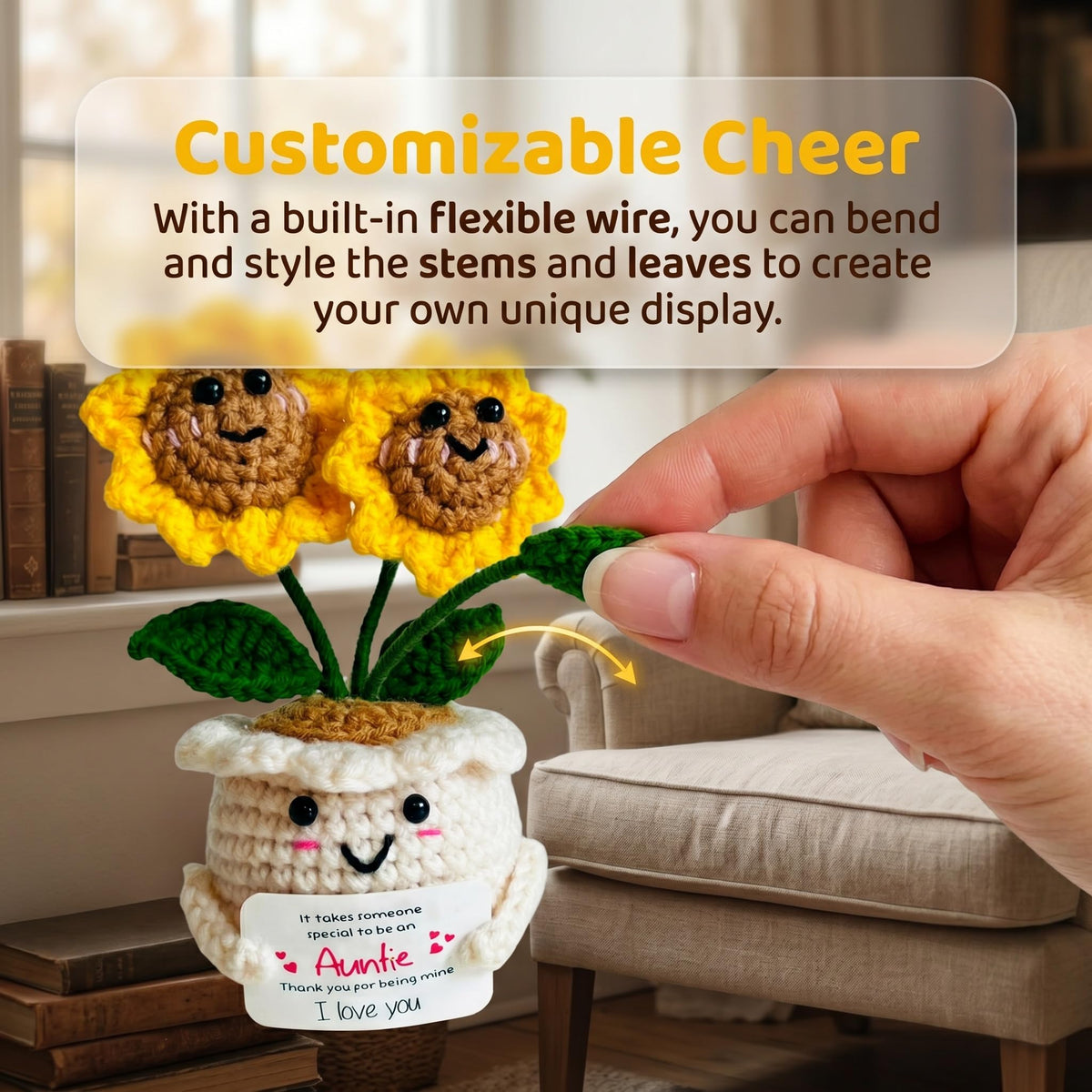 Handmade Emotional Support Crochet Sunflower, Cute Amigurumi Flower Decor with Appreciation Card, Sentimental Gifts for Auntie from Niece or Nephew, Birthday Mother's Day Thank You Gift for Aunt