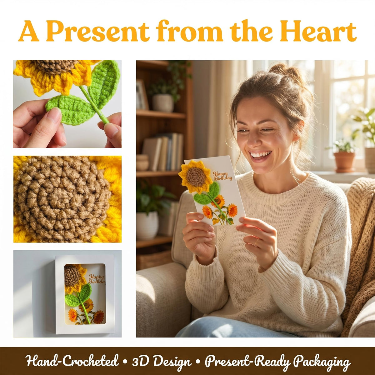 Crochet Sunflower Birthday Card with Gift Box, Handmade Knitted Flower Greeting Card with Detachable Desk Ornament, Unique Pop Up Birthday Gifts for Women, Mom, Grandma, Sister,Girls,Friends
