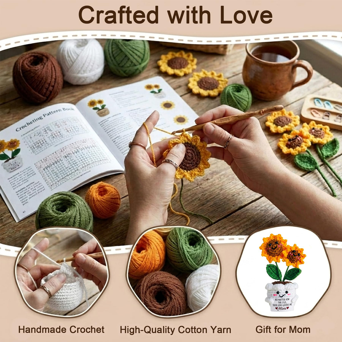 Seasons Stars SSDecor Gifts for Mom-Handmade Eternal Lovable Crochet Sunflower in Cute Pot with Emotional Message Card Ideas, Mom Birthday Gifts from Daughter, Ideas, Mama Gift