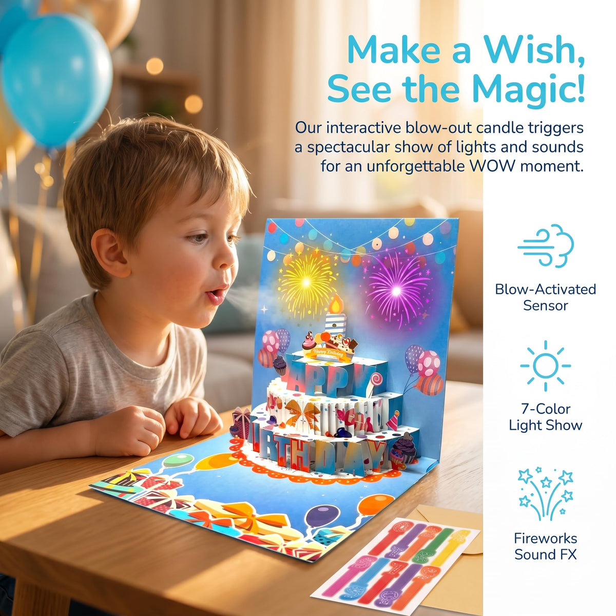 3D Pop Up Musical Birthday Card with Blow-Out Candle & Flashing LED Fireworks Lights, Interactive Light Up Happy Birthday Card with DIY 0-9 Age Numbers & Envelope, 7x7 Inch Large Greeting Card