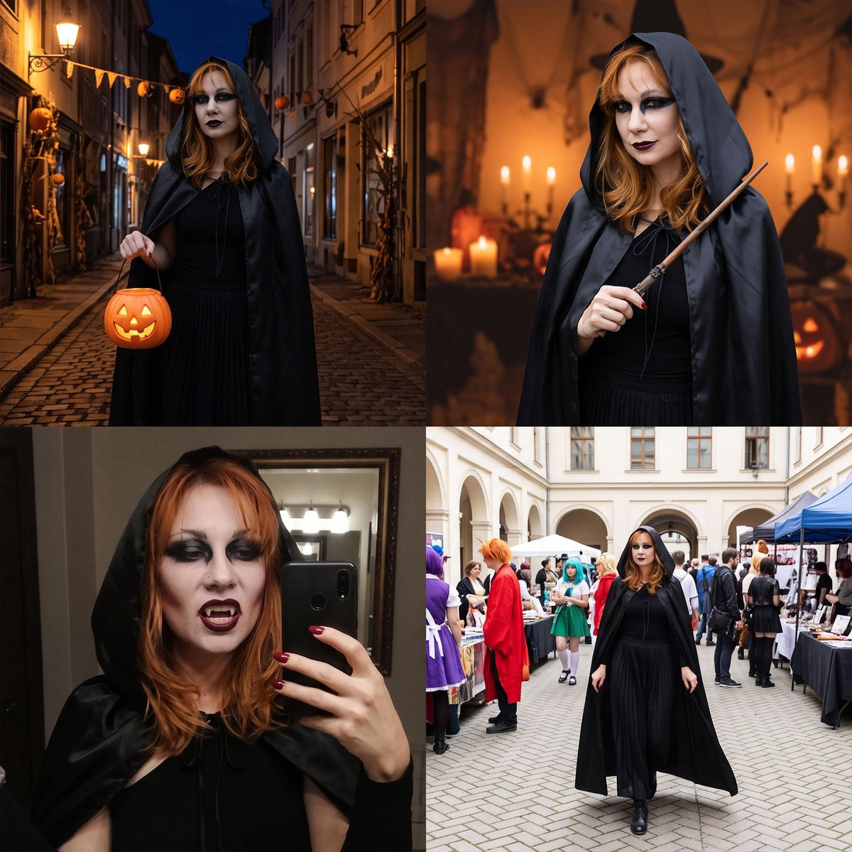 59" Halloween Black Hooded Cloak Full Length Satin Cape for Costume Cosplay