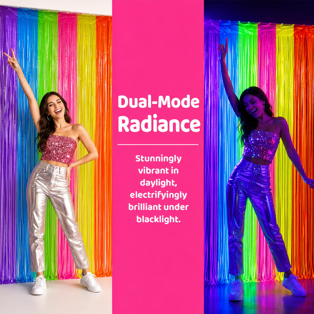 4 Pack Glow Party Decorations Neon Rainbow Foil Fringe Curtain Backdrop