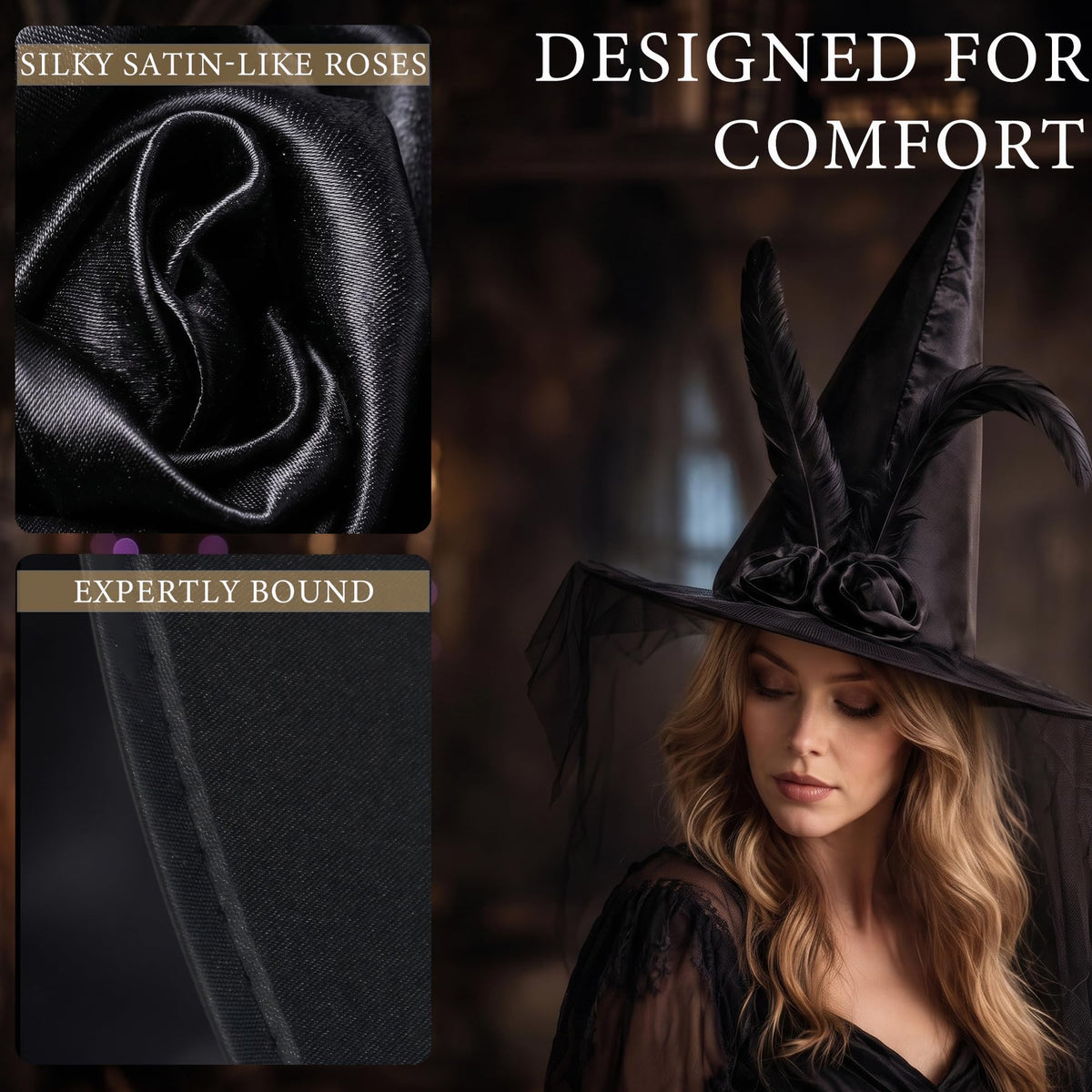 Halloween Black Witch Hat for Women with Elegant Flower Veil Feathers