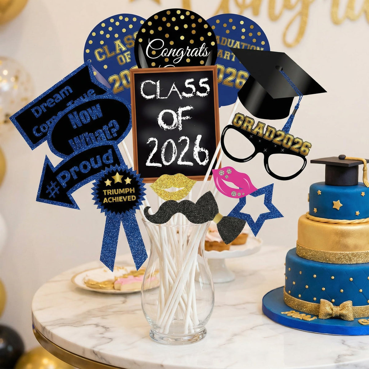 Class of 2026 Graduation Photo Booth Props Set - 35PCS Blue and Gold Graduation Party Decorations with Paper Sticks & Double-Sided Tape, Perfect for 2026 Congrat Grad Party Supplies