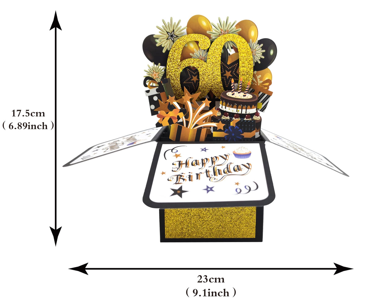 Glittery Gold 3D 60th Birthday Pop Up Card with Envelope - Gold and Black Happy 60th Birthday Greeting Card, Perfect Congratulation Card and Personalized Gift for 60th Birthday Party