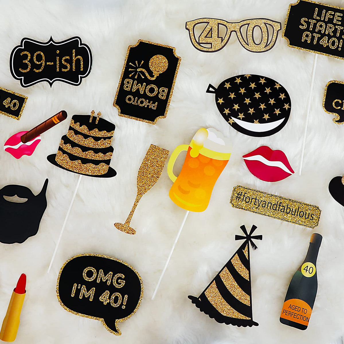 40th Birthday Photo Booth Props - 41 Pcs Black and Gold Decor, Funny Milestone Party Supplies for Men & Women, Retro 1986 Theme Selfie Station Accessories for Surprise Party, 40th Celebration Bash