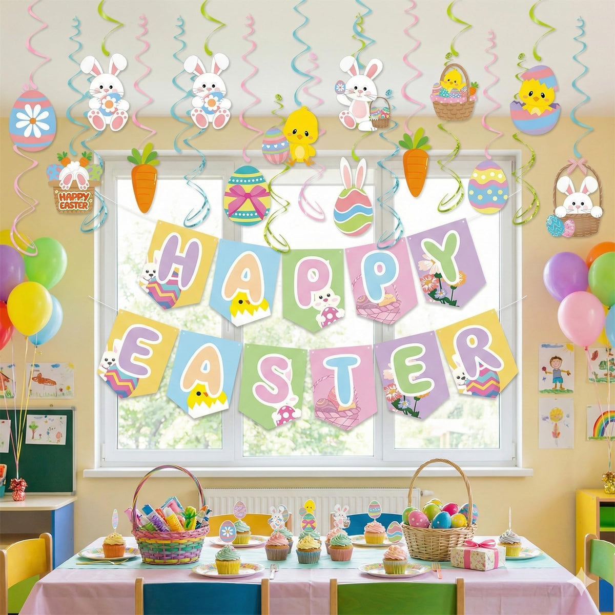 Easter Decorations Set - 18 Pcs Pre-strung Happy Easter Banners & Hanging Swirls, Pastel Bunny Chick Egg Party Supplies for Home Classroom Office, Easter Egg Hunt, Spring Brunch,No DIY Required