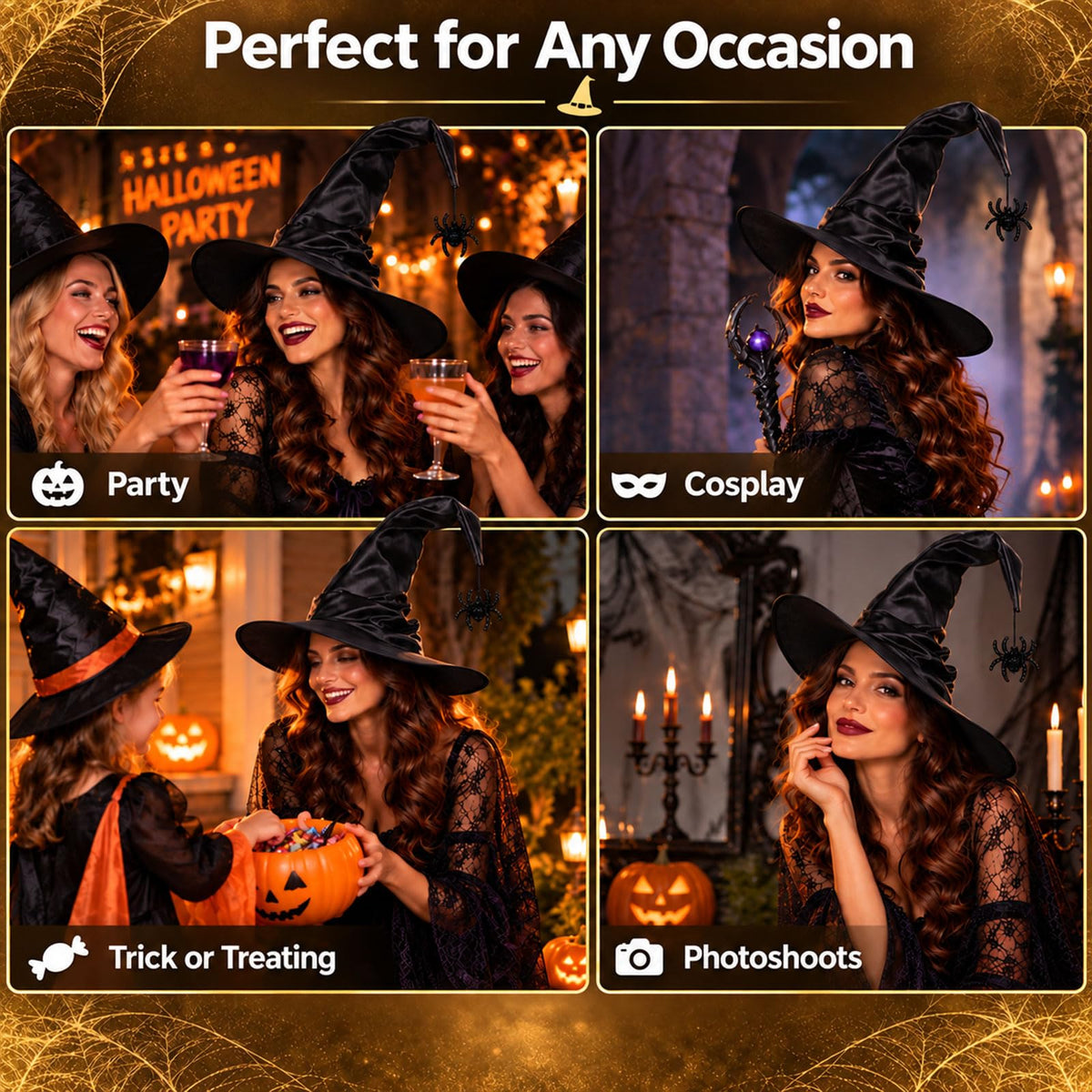 Black Witch Hat for Adults with Spider, Satin Halloween Costume Hat