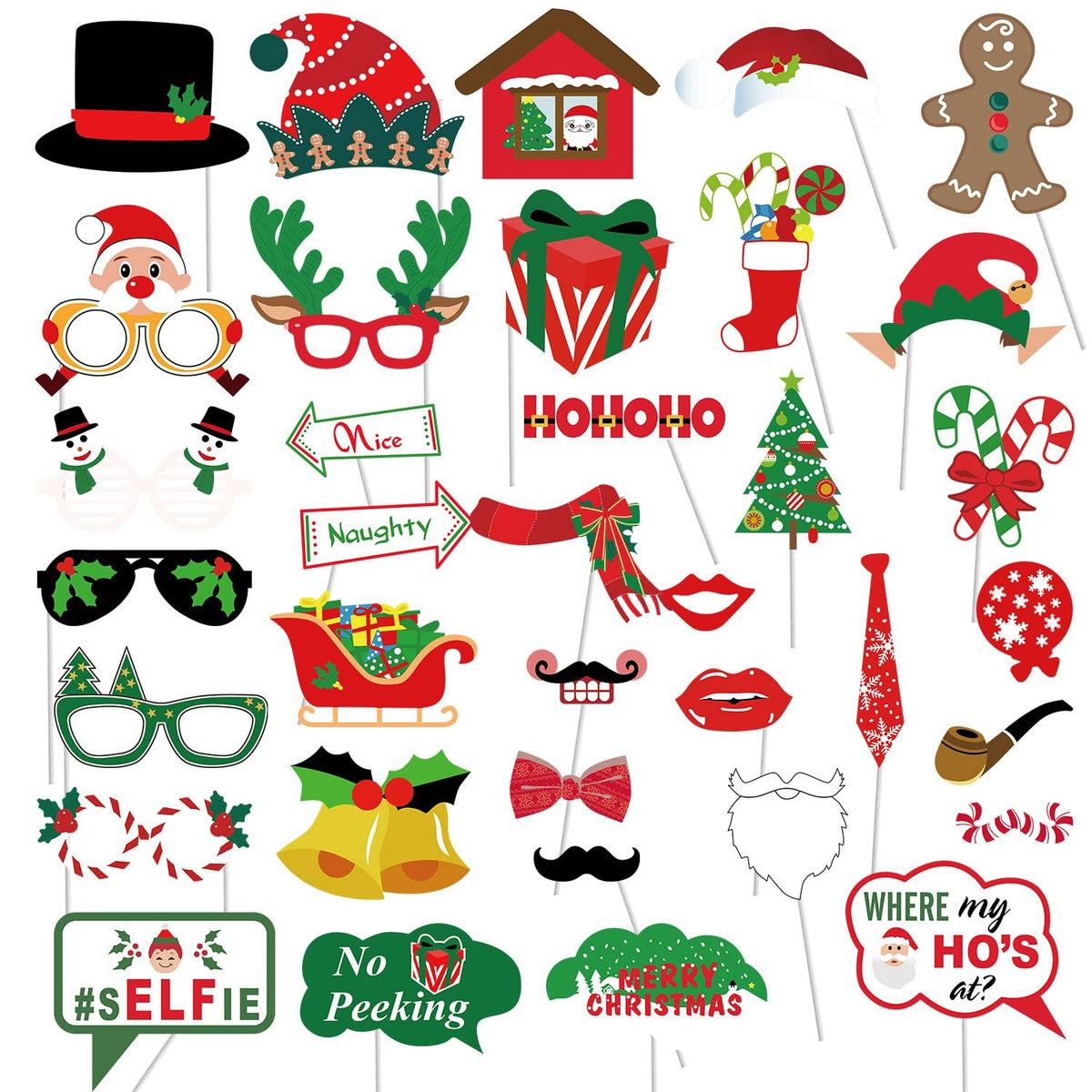 Christmas Photo Booth Props 36Pcs（Upgraded Version, Merry Christmas Party Pose Sign, Red and Green Xmas Party Supplies Decorations