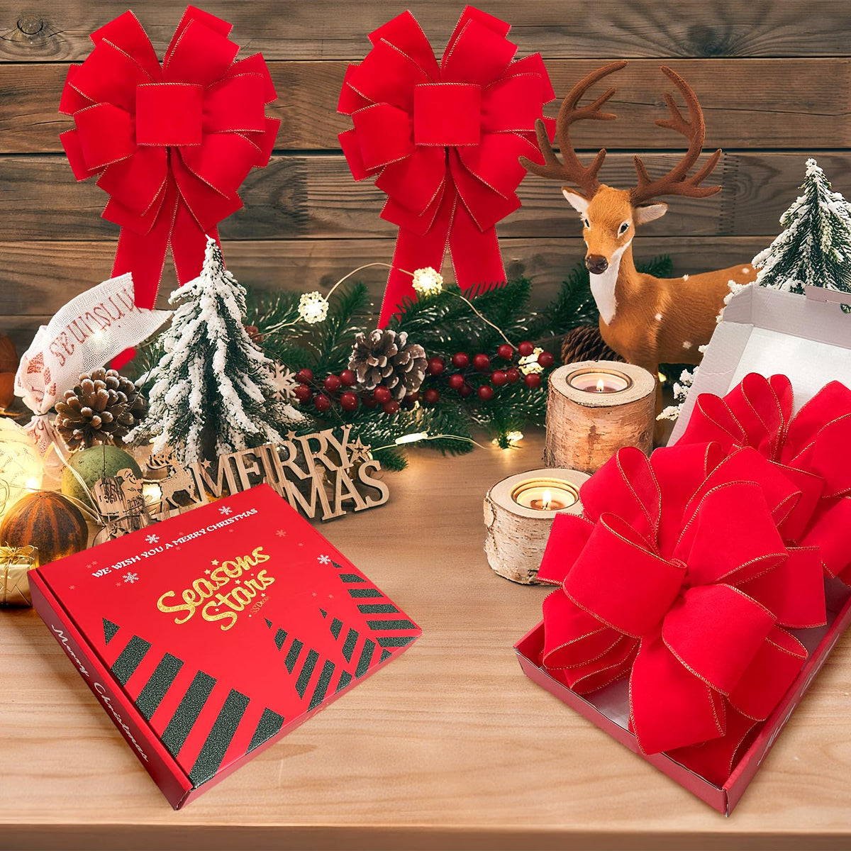 2pcs 24-Inch Velvet Red Bows for Christmas Tree, Handmade Christmas Bow Tree Topper-Gold Wire-Fluffy Sturdy Shape-Retaining, Gift Boxed & Ready-to-Use for Wreath Floral Fireplace Outdoor Car Garden