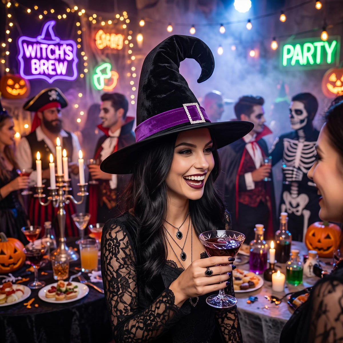 Halloween Black Velvet Witch Hat with Purple Band and Buckle