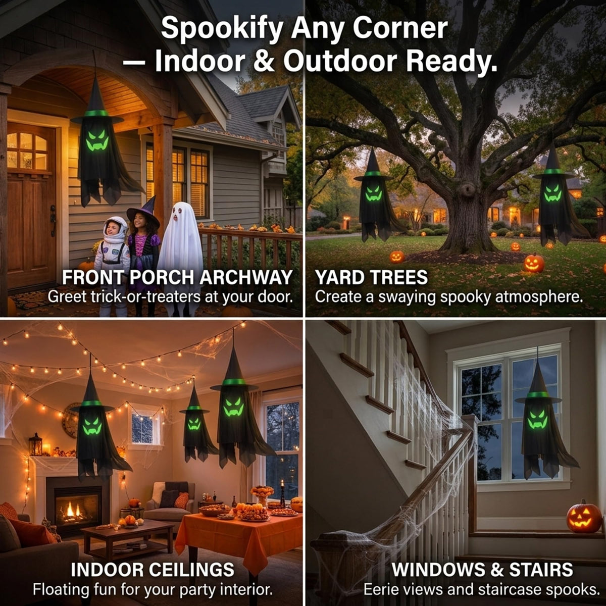 2 Pack Halloween Hanging Floating Witch Hats with Ghost Veil 15" x 38"