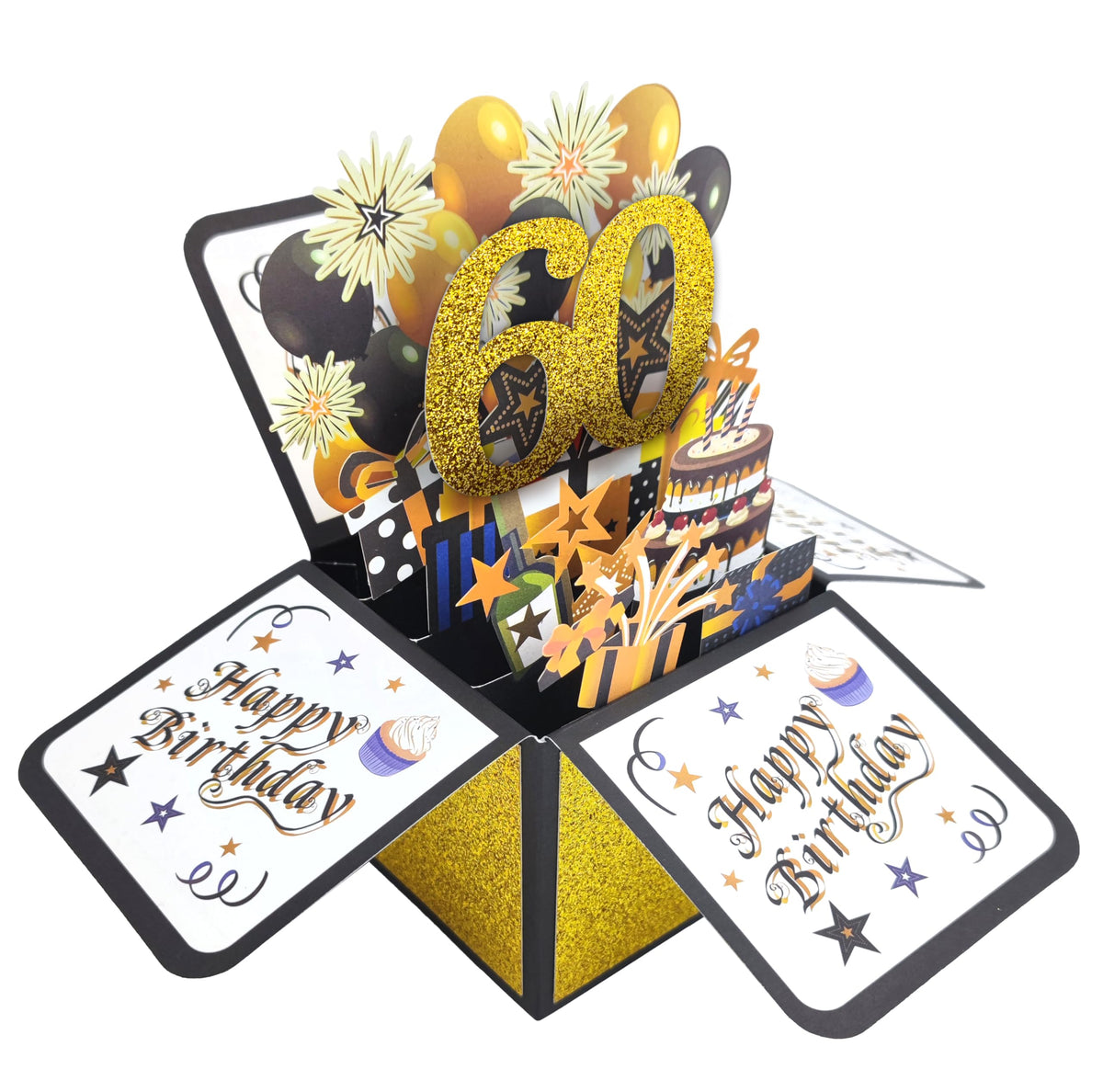 Glittery Gold 3D 60th Birthday Pop Up Card with Envelope - Gold and Black Happy 60th Birthday Greeting Card, Perfect Congratulation Card and Personalized Gift for 60th Birthday Party