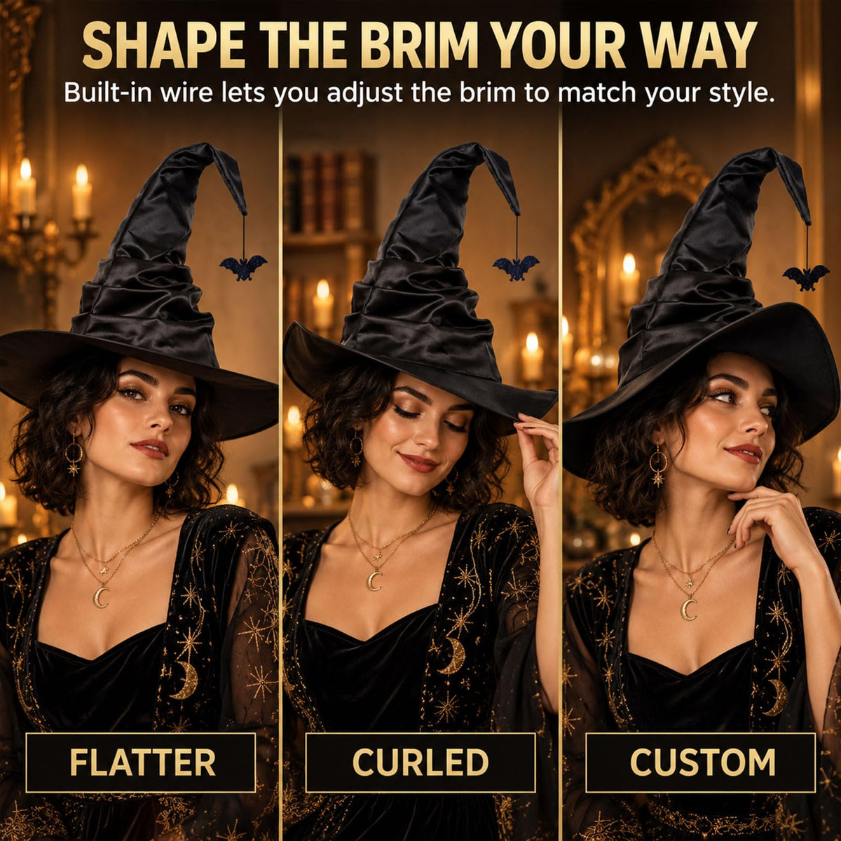Black Witch Hat for Adults with Bat, 16”Satin Halloween Costume Hat