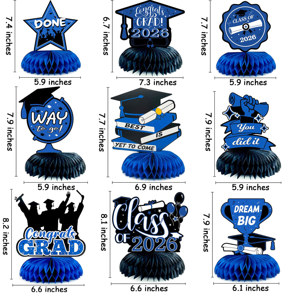 9 Pcs Graduation Honeycomb Centerpieces 2026 - Royal Blue and Black Class of 2026 Graduation Party Decorations for Tables, Blue Congrats Grad Table Toppers, 2026 Grad Supplies for College High School