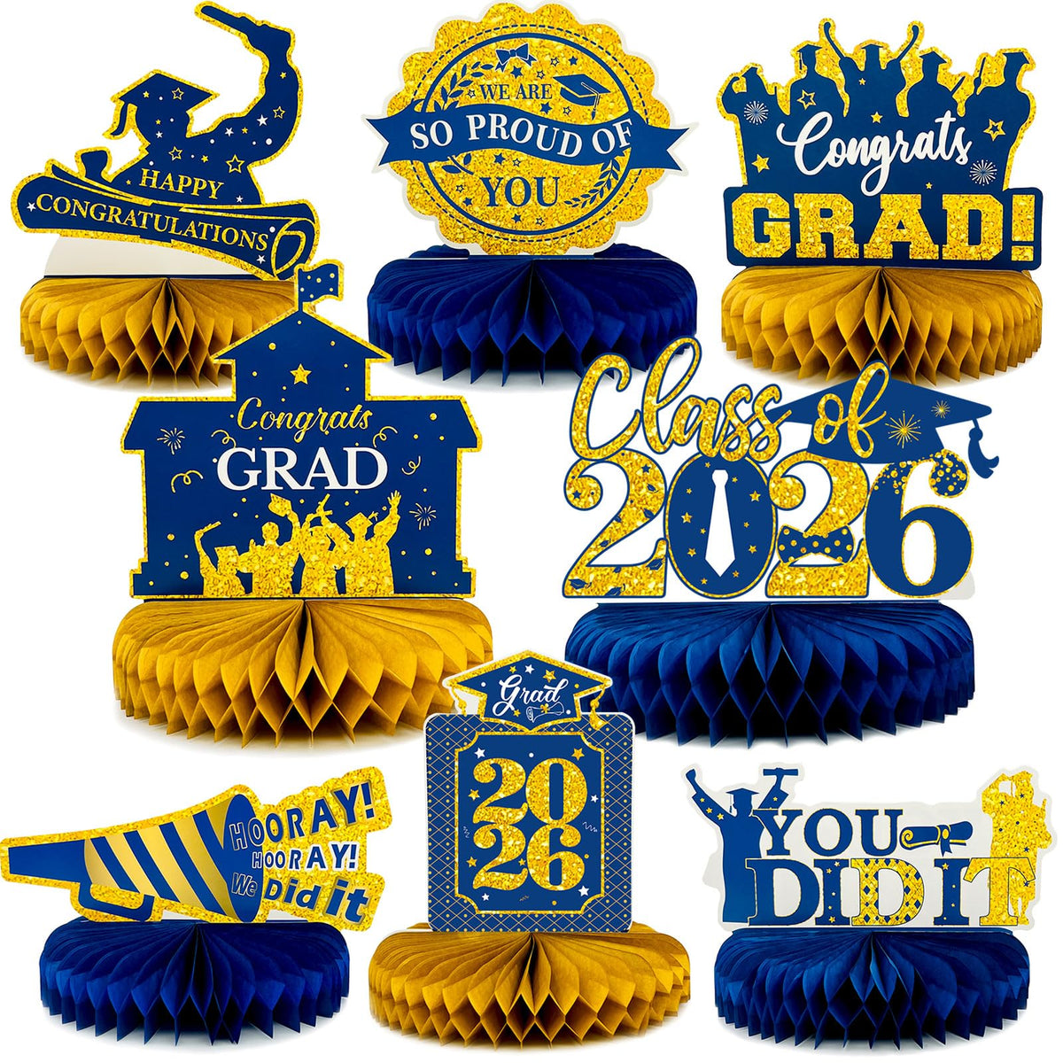 8 Pcs Blue and Gold Graduation Centerpieces for Tables 2026 - Class of 2026 Congrats Grad Party Decorations Supplies Table Toppers, Navy Blue Graduation Honeycomb Centerpieces for College High School