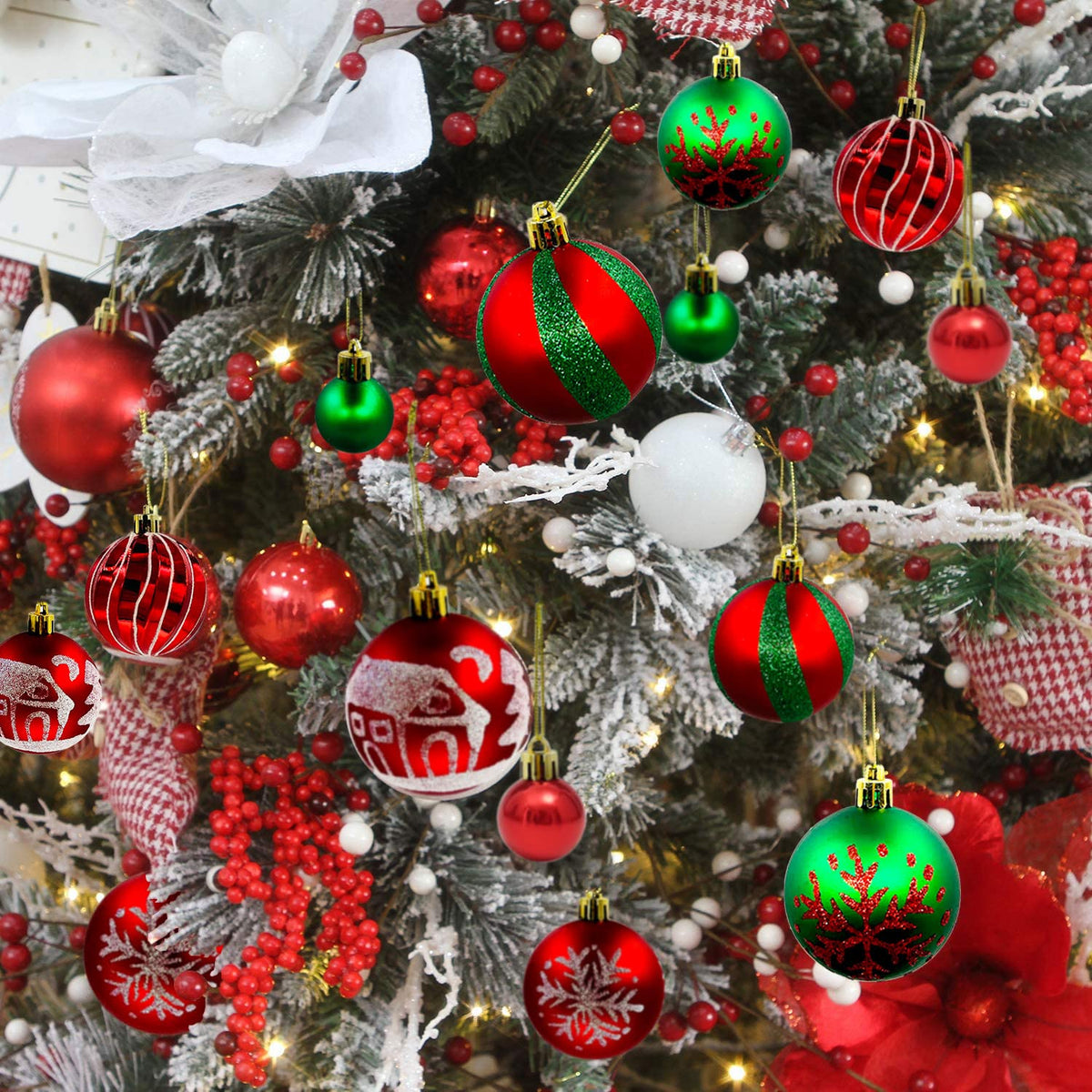 44Ct Red Green Christmas Tree Ball Assorted Ornaments Pendants, 2.4" Christmas Shatterproof Shine Ball Decoration for Christmas Tree Holiday
