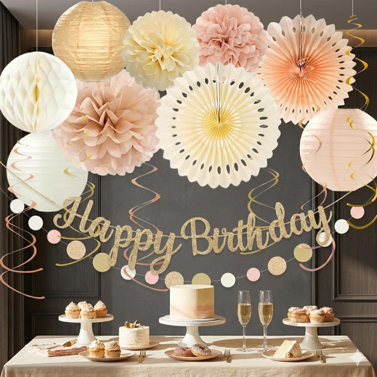 Champagne-Gold Birthday Party Decorations Kit-26 Piece- Glittery Banner,Peach and Cream Yellow Color Scheme Paper Decorations, Birthday Party Supplies for Women Girls Neutral Boho Birthday Party Decor