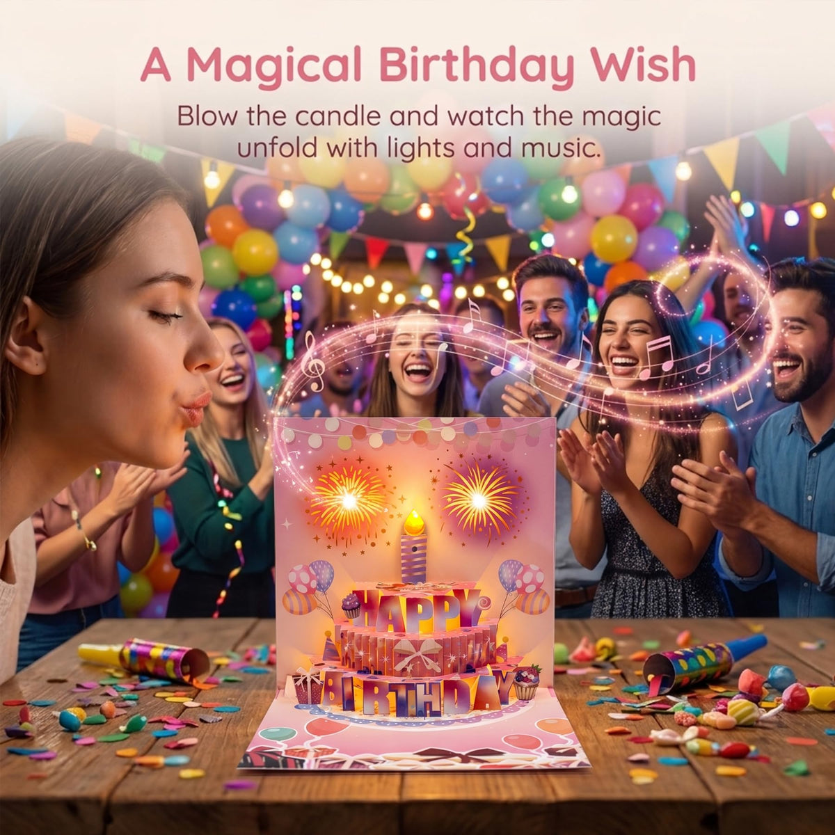 3D Pop Up Musical Birthday Card with Blow Out Candle and LED Firework Lights -Customizable Age Numbers (0-9), Envelope and Note Card, 7 x 7 Inches, Perfect for Women, Men, Kids, Family, Friends