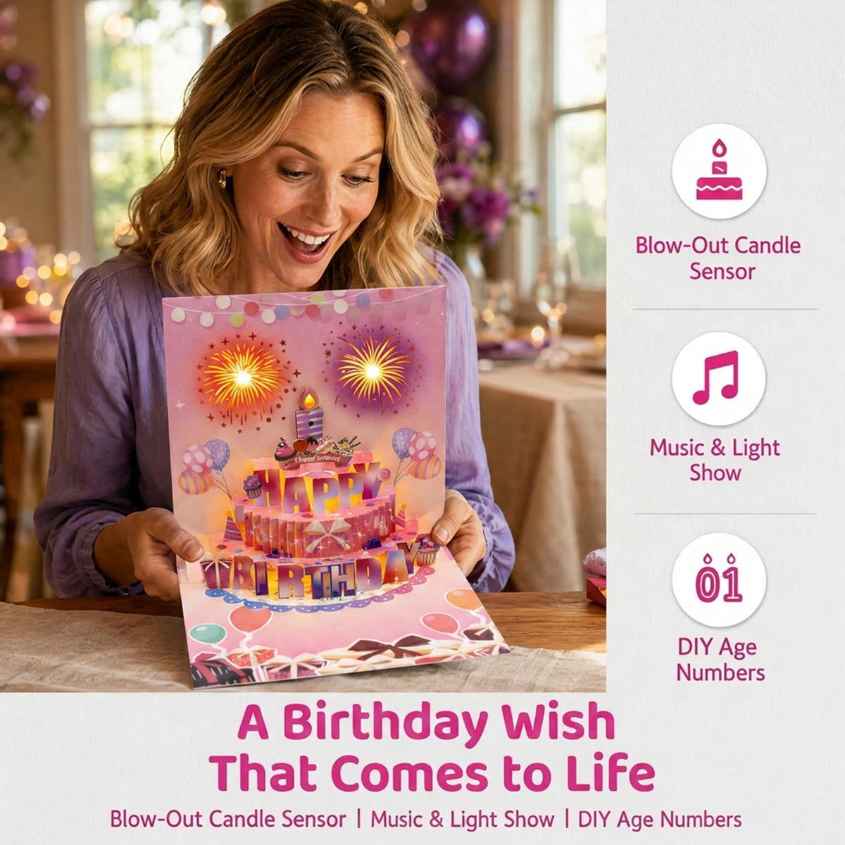 3D Pop Up Musical Birthday Card with Blow Out Candle and LED Firework Lights -Customizable Age Numbers (0-9), Envelope and Note Card, 7 x 7 Inches, Perfect for Women, Men, Kids, Family, Friends