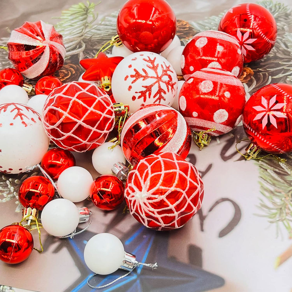 46Ct Red White Christmas Tree Ball Assorted Ornaments Pendants, 2.4" Christmas Shatterproof Shine Ball Decoration for Christmas Tree Holiday
