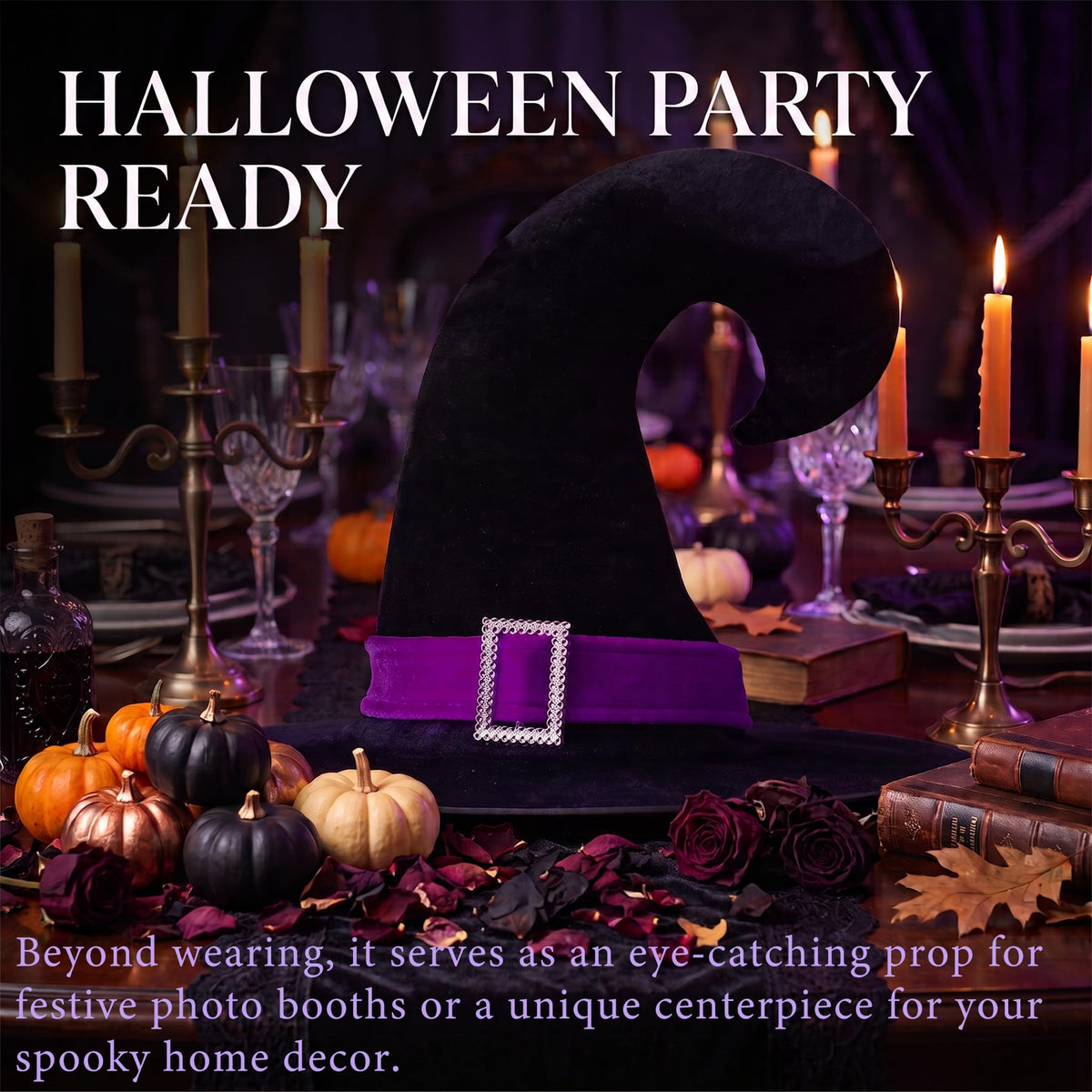 Halloween Black Velvet Witch Hat with Purple Band and Buckle