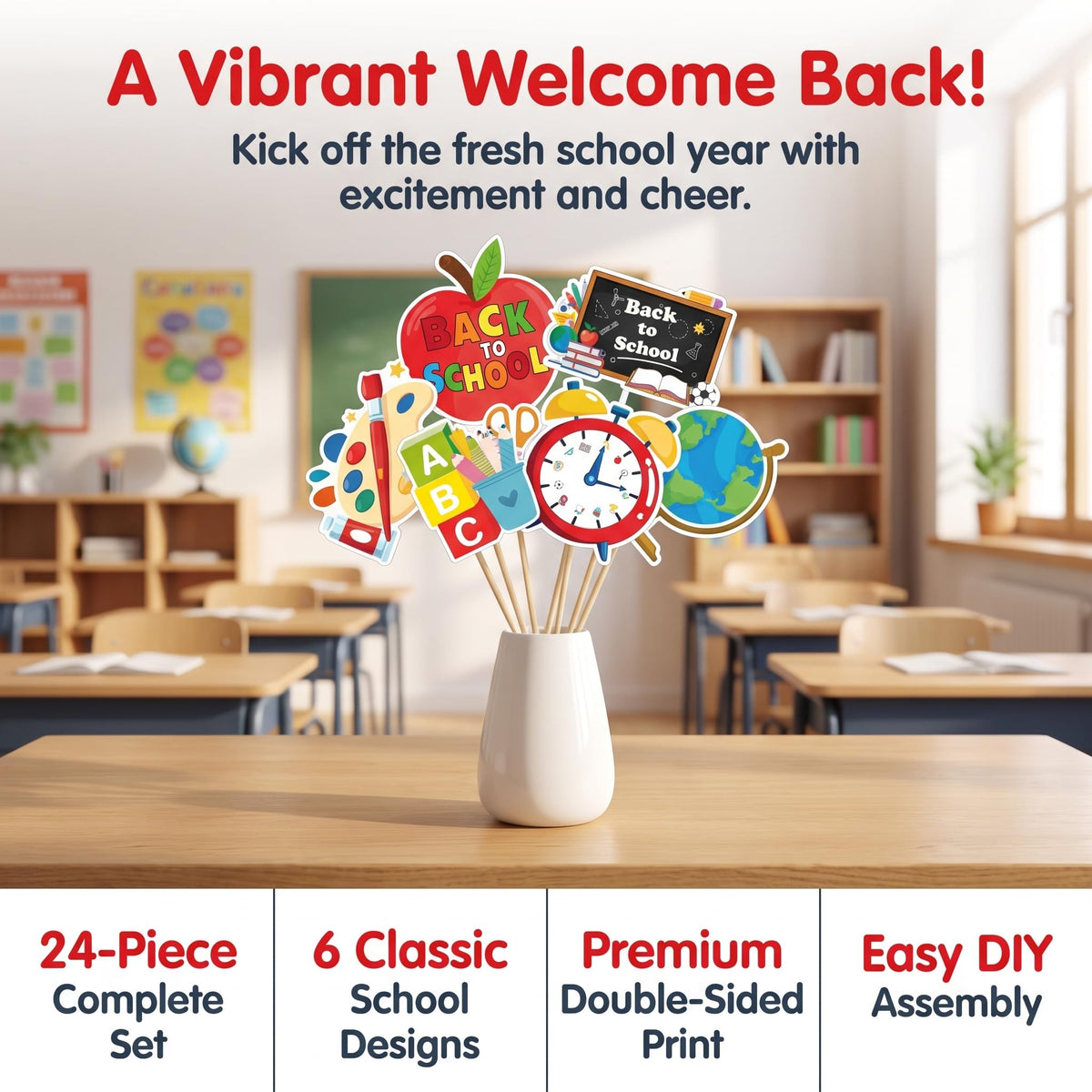 24Pcs Back to School Decorations Table Centerpiece Sticks - First Day of School Welcome to School Classroom Decorations Table Toppers, Double-Sided Classroom Centerpieces