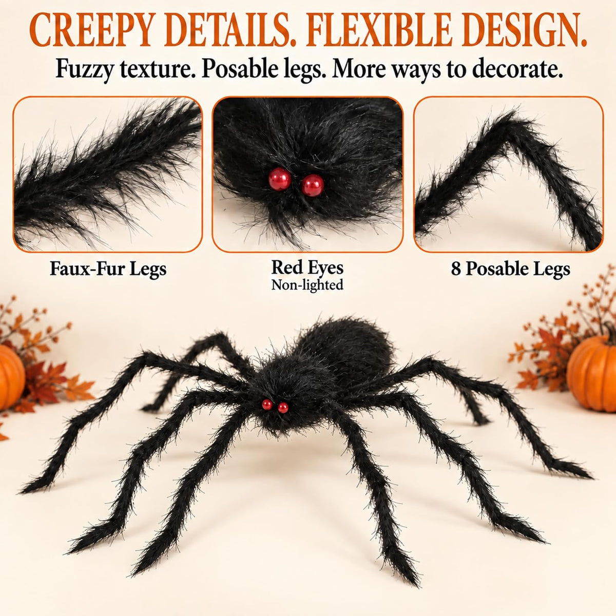 Giant Halloween Spider Black Fuzzy Red Eyes Decoration 59 Inch Posable Legs