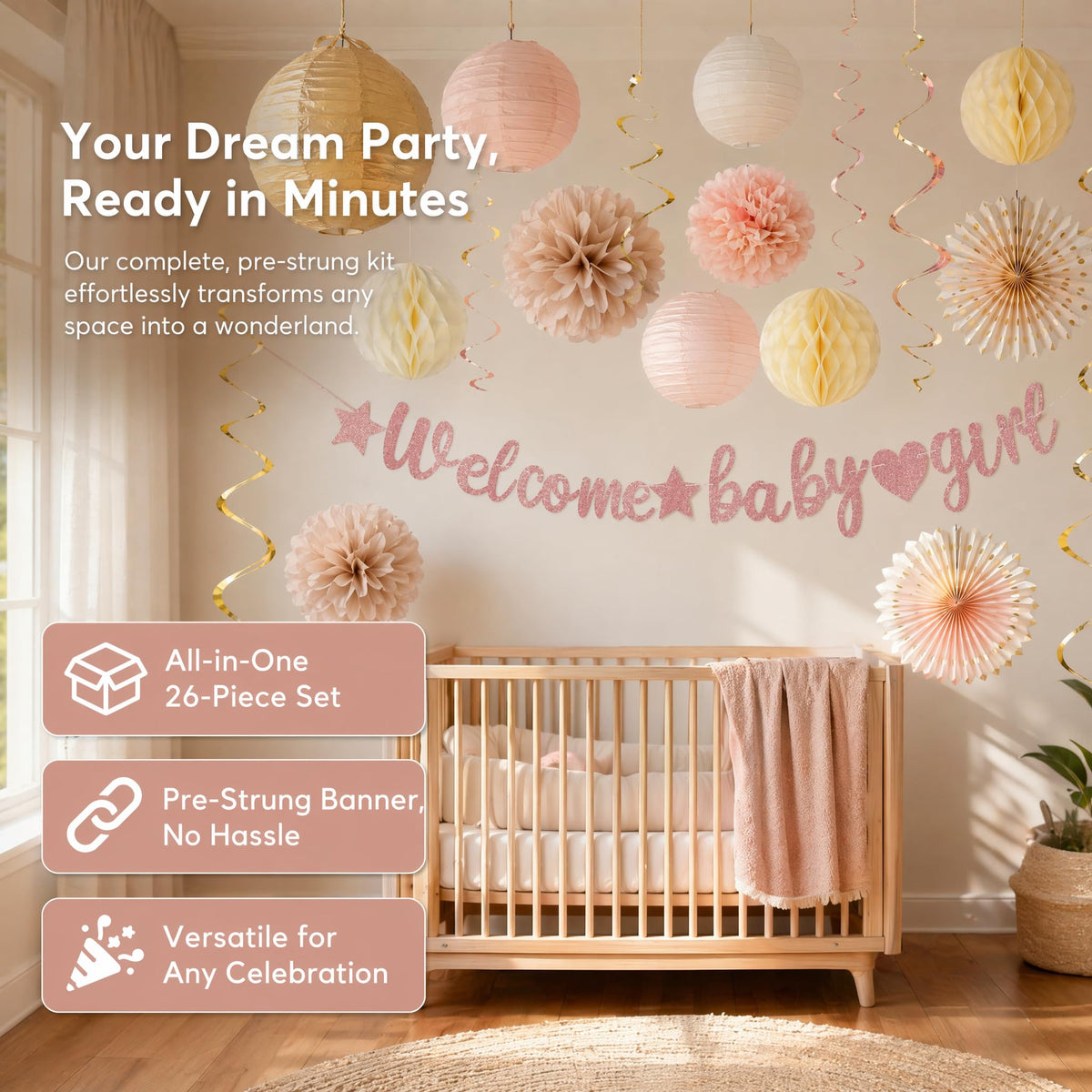 Champagne-Gold Welcome Baby Girl Party Decorations Kit-26 Piece- Glittery Banner,Peach and Cream Yellow Color Scheme Paper Decorations, Girl Baby Shower 1st Birthday Party Supplies