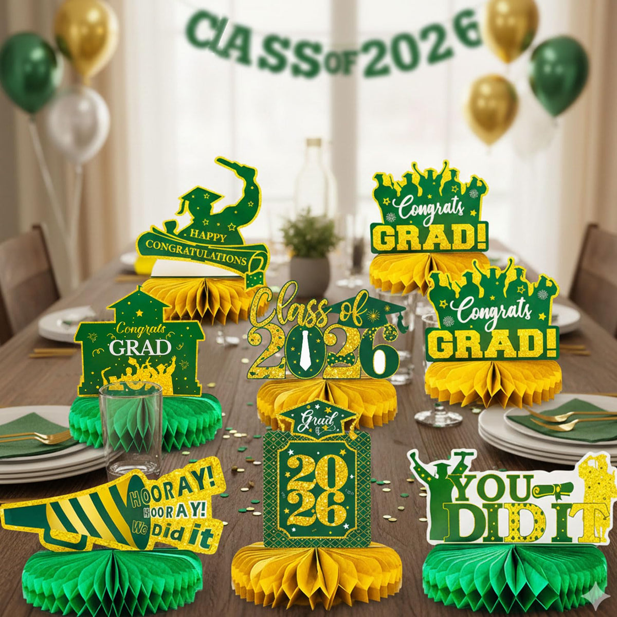 8 Pcs Green and Gold Graduation Honeycomb Centerpieces 2026 - Class of 2026 Graduation Decorations for Tables - Congrats Grad Table Toppers, Paper Centerpieces for High School College Party Supplies