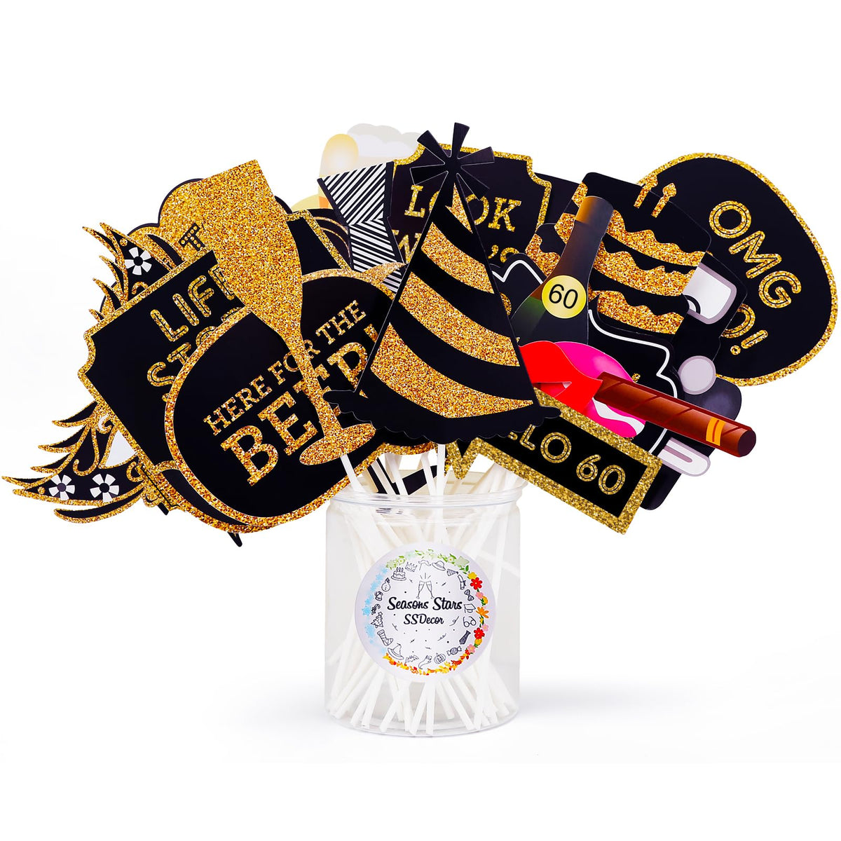 60th Birthday Photo Booth Props - 41 Pcs Black and Gold 60 Birthday Party Decorations for Men Women, Funny Birthday Photo Props with Sticks, Milestone Birthday Party Supplies, Cheers to 60 Years