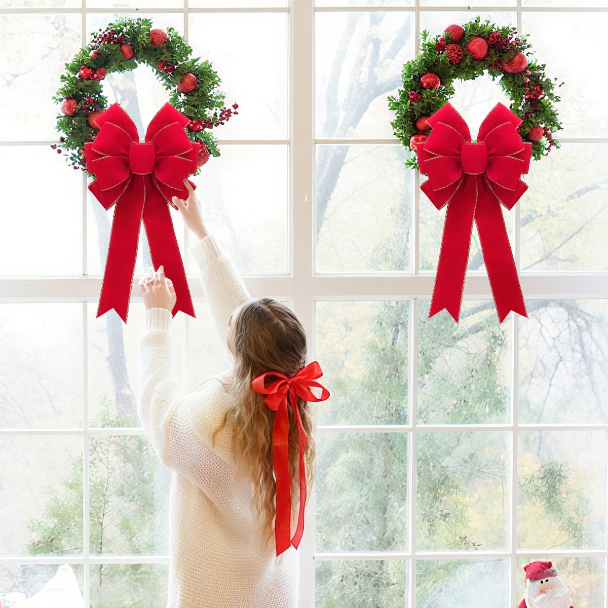 2pcs 20-Inch Velvet Red Bows for Christmas Tree, Handmade Christmas Bow Tree Topper-Gold Wire-Fluffy Sturdy Shape-Retaining, Gift Boxed & Ready-to-Use for Wreath Floral Fireplace Outdoor Car Garden