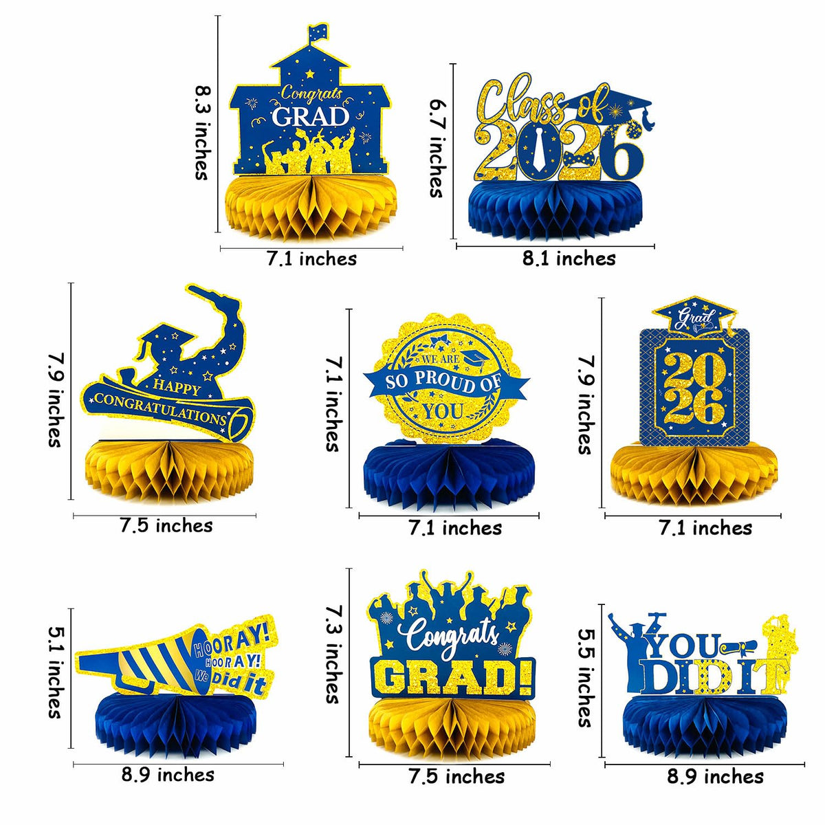 8 Pcs Blue and Gold Graduation Centerpieces for Tables 2026 - Class of 2026 Congrats Grad Party Decorations Supplies Table Toppers, Navy Blue Graduation Honeycomb Centerpieces for College High School