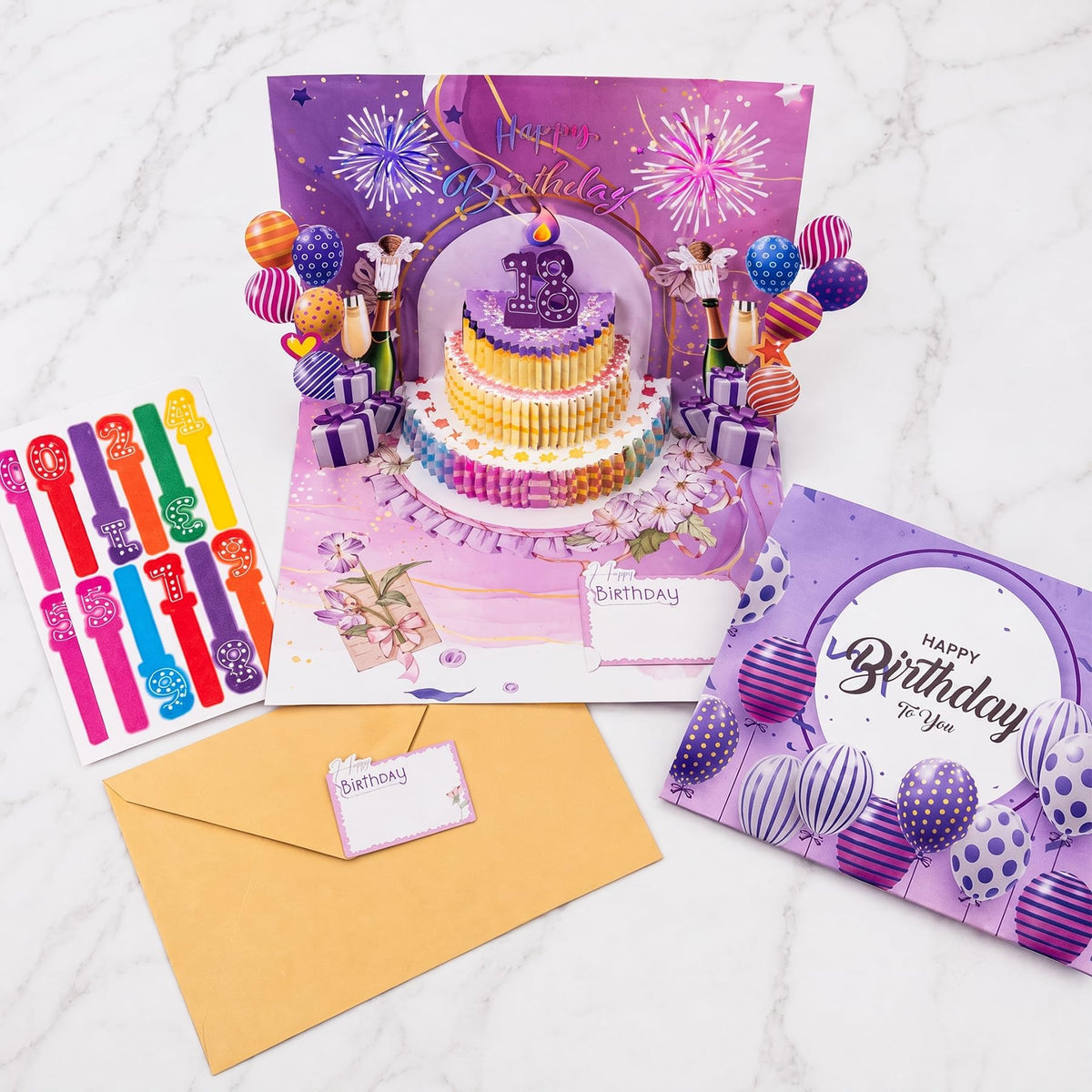 3D Pop Up Blowable Musical Happy Birthday Card with Firework Sound Lights and Envelope, Interactive Purple Musical Birthday Card, Customizable Age Numbers 0-9 for Milestone Birthday Gift for Her Him