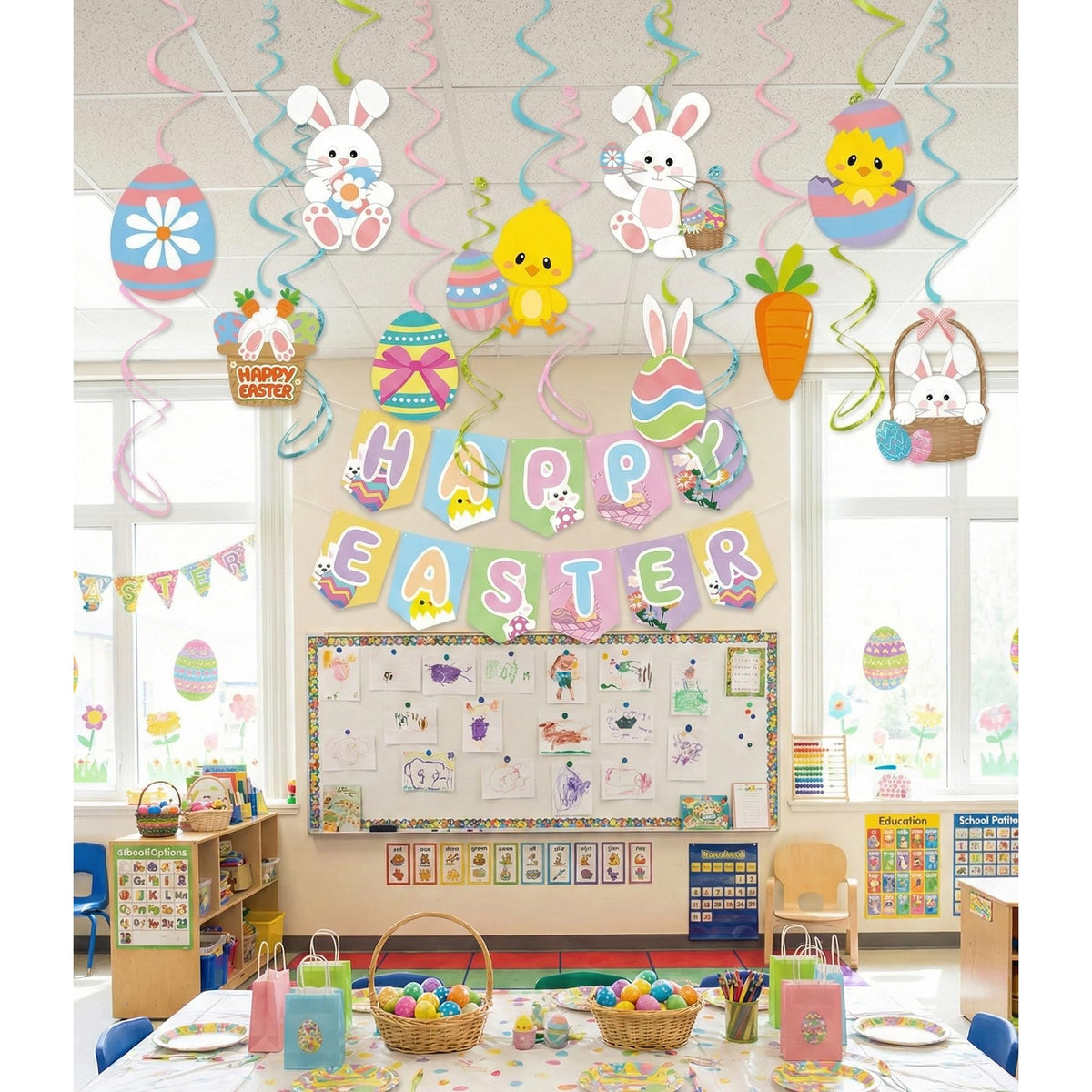 Easter Decorations Set - 18 Pcs Pre-strung Happy Easter Banners & Hanging Swirls, Pastel Bunny Chick Egg Party Supplies for Home Classroom Office, Easter Egg Hunt, Spring Brunch,No DIY Required
