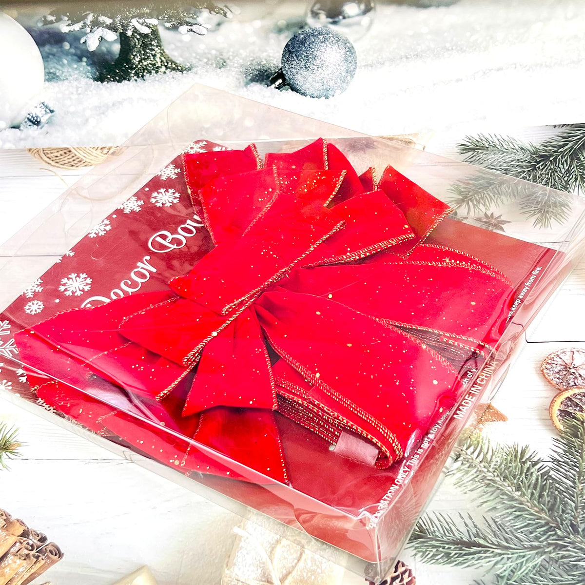 Christmas Jumbo Bows Gift Boxed, 52inches by 12 Inches Gold Wired Red Velvet Bows with Gold Confetti and Four Long Tails for Wreath Floral, Christmas Tree Topper, Outside Bowknot