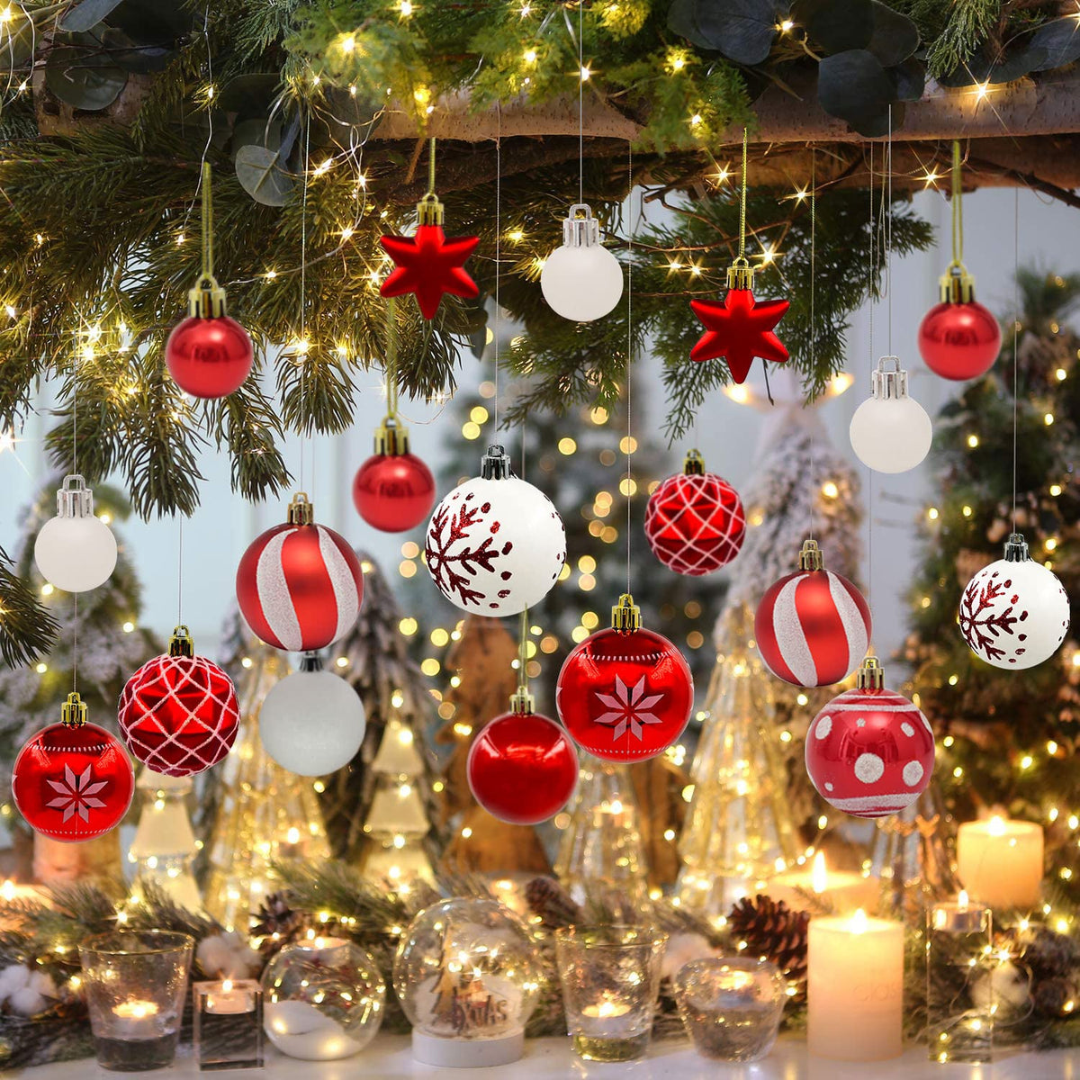 46Ct Red White Christmas Tree Ball Assorted Ornaments Pendants, 2.4" Christmas Shatterproof Shine Ball Decoration for Christmas Tree Holiday