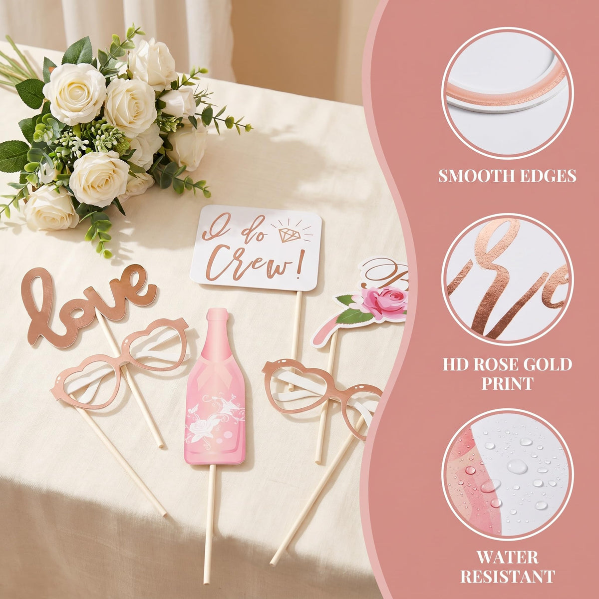 Bachelorette Party Photo Booth Props-23 Pcs, Water-Resistant Rose Gold Bridal Shower Decorations Wedding Photo Booth Props, Funny Team Bride Selfie Signs Glasses for Engagement Hen Do Wedding